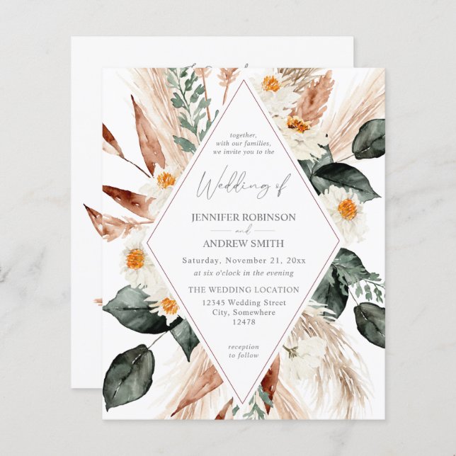 Papier Budget Boho Cuivre Pampas Grass Mariage V3 (Devant / Derrière)