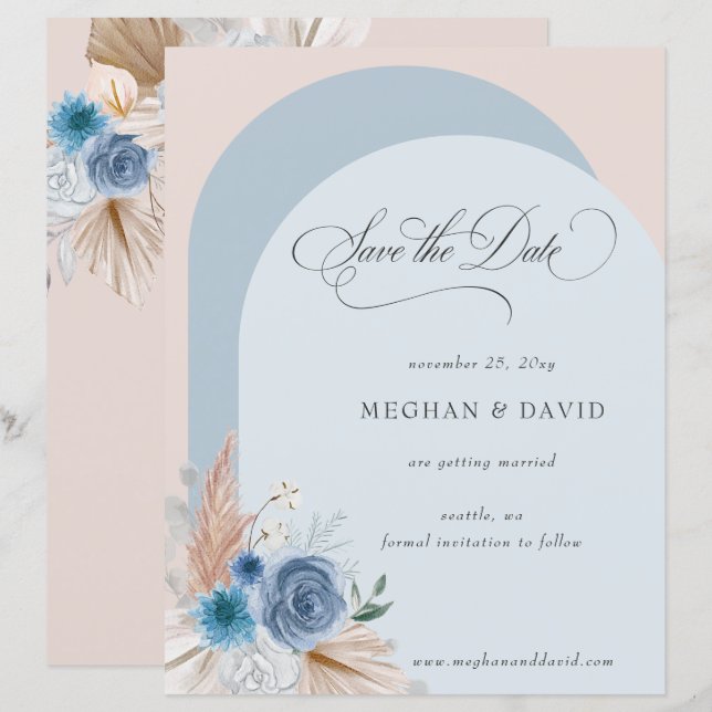 Papier Budget Boho Dusty Blue Pampas Enregistrer la date (Devant / Derrière)