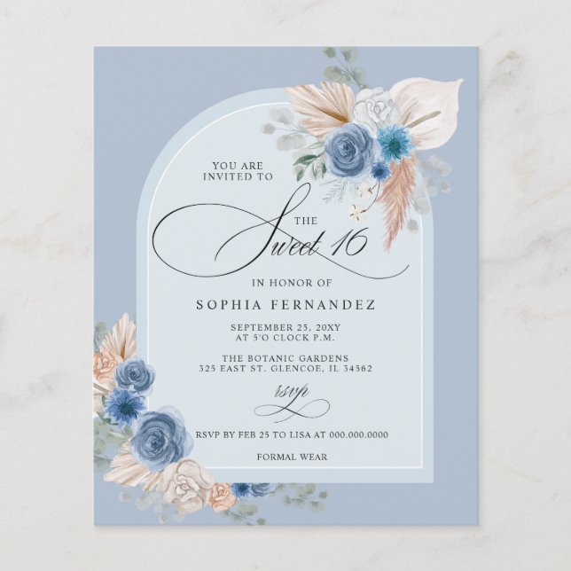 Papier Budget Boho Dusty Blue Pampas Sweet 16 Invitation (Devant)