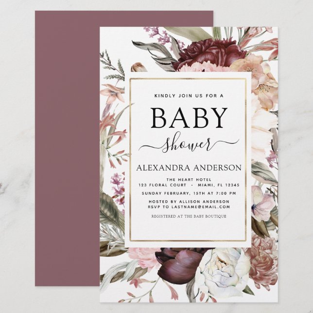 Papier Budget Boho Dusty Pink Burgundy Baby shower (Devant / Derrière)