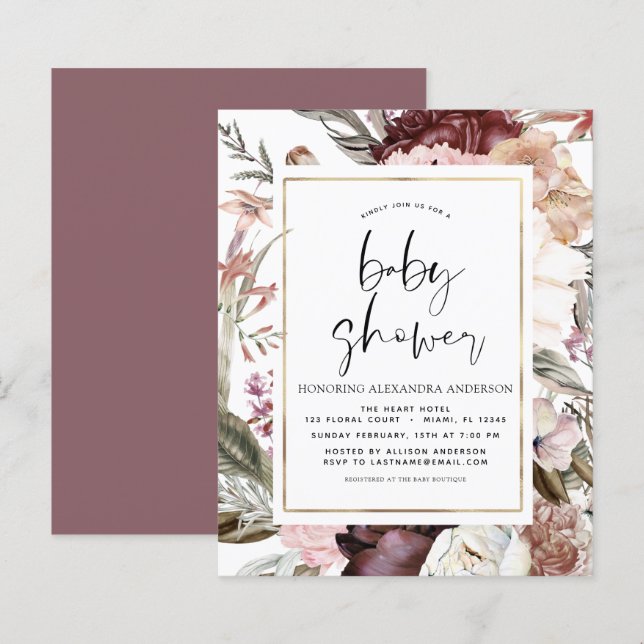 Papier Budget Boho Dusty Pink Burgundy Baby shower (Devant / Derrière)