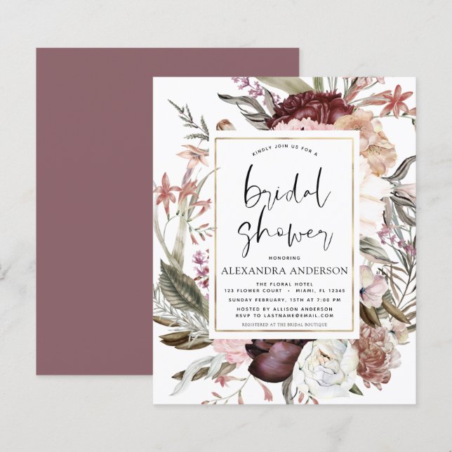 Papier Budget Boho Dusty Pink Burgundy Fête des mariées (Devant / Derrière)