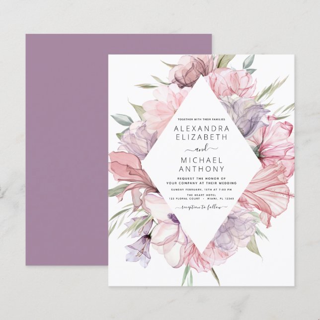 Papier Budget Boho Dusty rose violet Faire-part de mariag (Devant / Derrière)