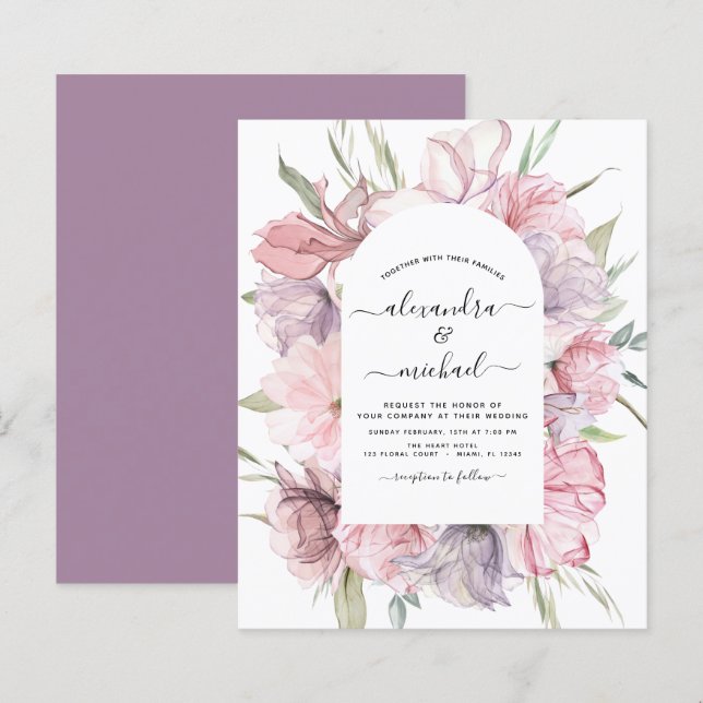 Papier Budget Boho Dusty rose violet Faire-part de mariag (Devant / Derrière)