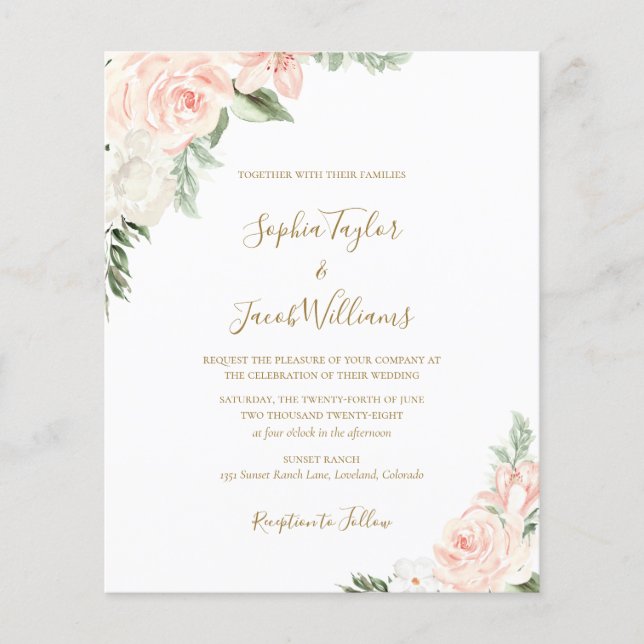 Papier Budget Boho Floral Blush Rose Sage Wedding Invitat (Devant)