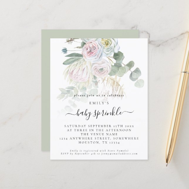 Papier Budget Boho Floral Eucalyptus Baby Sprinkle Invita (Devant/Arrière en situation)