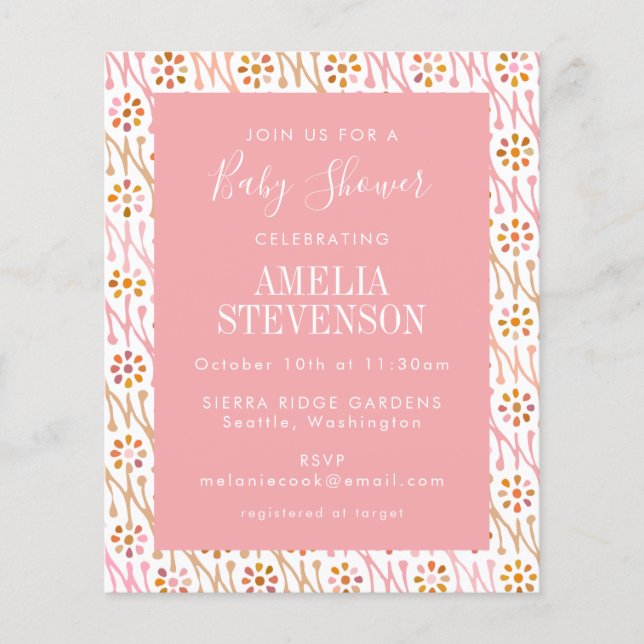 Papier Budget Boho Floral Rose rose Baby shower Invitatio (Devant)