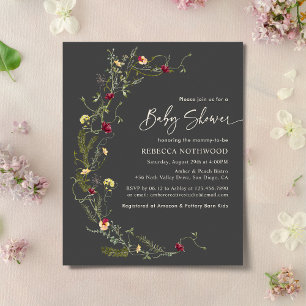 Papier Budget Boho Grey Fleur sauvage Baby shower Invitat