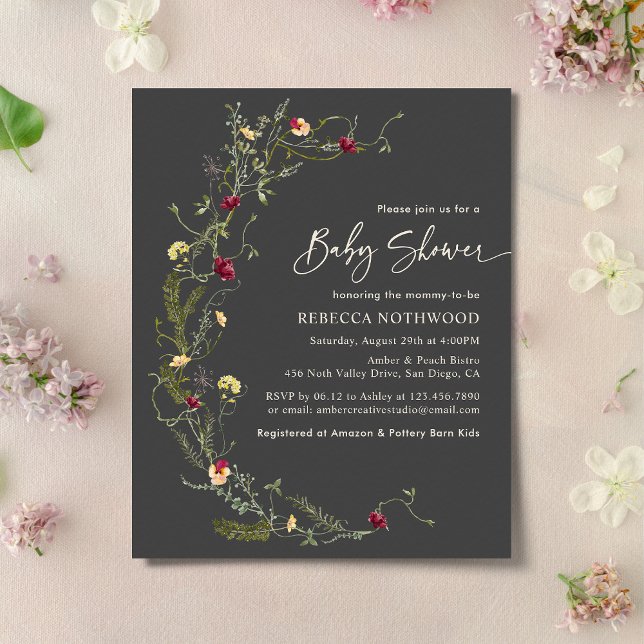 Papier Budget Boho Grey Fleur sauvage Baby shower Invitat (Créateur téléchargé)