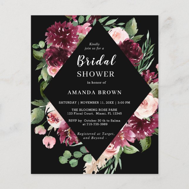 Papier Budget Boho noir Floral Bridal Shower Invitation (Devant)