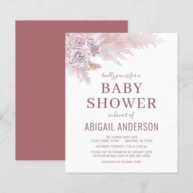 Papier Budget Boho Pampas Baby shower en herbe Invitation (Devant / Derrière)