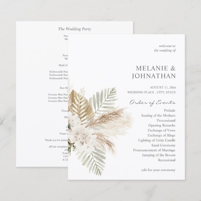 Papier Budget Boho Pampas Cérémonie de Mariage Grass & Be (Devant / Derrière)