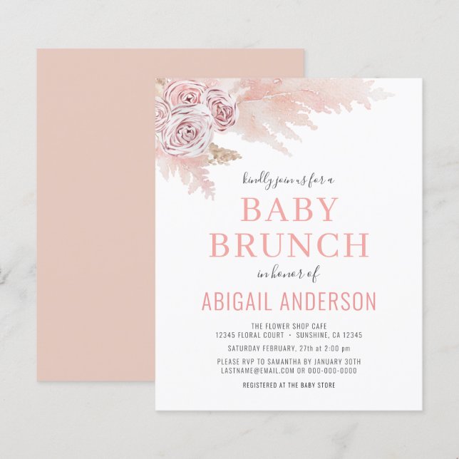 Papier Budget Boho Pampas Grass Baby Brunch Invitation (Devant / Derrière)