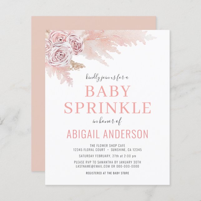 Papier Budget Boho Pampas Grass Baby Sprinkle Invitation (Devant / Derrière)