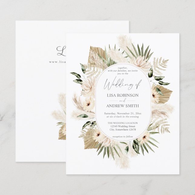 Papier Budget Boho Pampas Grass & Beige Floral Mariage (Devant / Derrière)