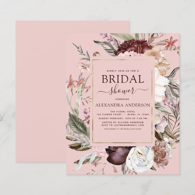 Papier Budget Boho Pink Burgundy Fête des mariées (Devant / Derrière)