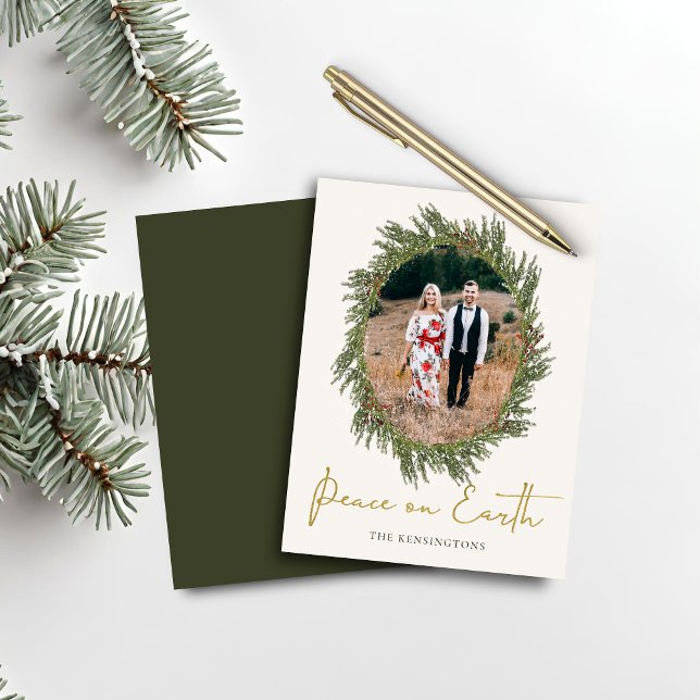 Papier Budget Boho Russe Noël Wreath Holiday Photo (Budget Boho Rustic Christmas Wreath Holiday Photo Card)