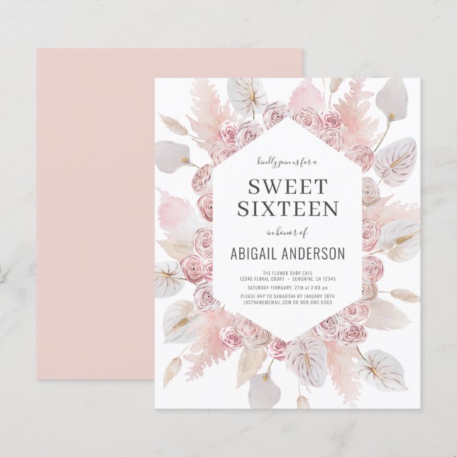 Papier Budget Boho Sweet sixteen Invitation moderne (Devant / Derrière)