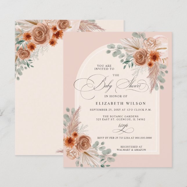 Papier Budget Boho Terracotta Pampas Baby shower Invitati (Devant / Derrière)