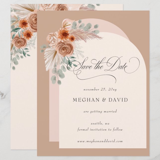 Papier Budget Boho Terracotta Pampas Enregistrer la date (Devant / Derrière)