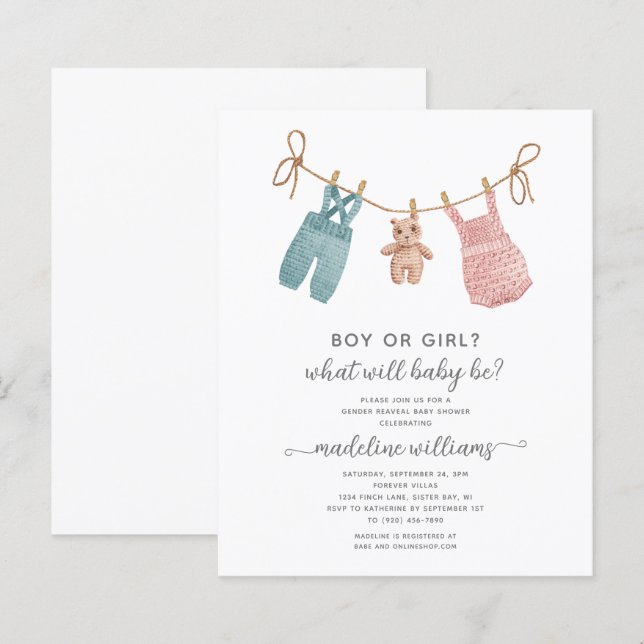 Papier BUDGET BOHO Vêtements de bébé Genre Révéler Douche (Devant / Derrière)