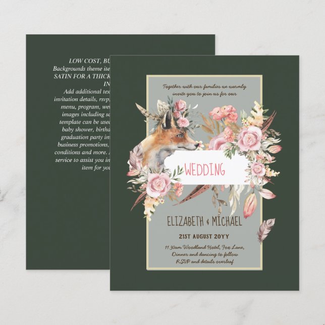 Papier BUDGET Boho Woodland FOX Floral Mariage Moderne (Devant / Derrière)