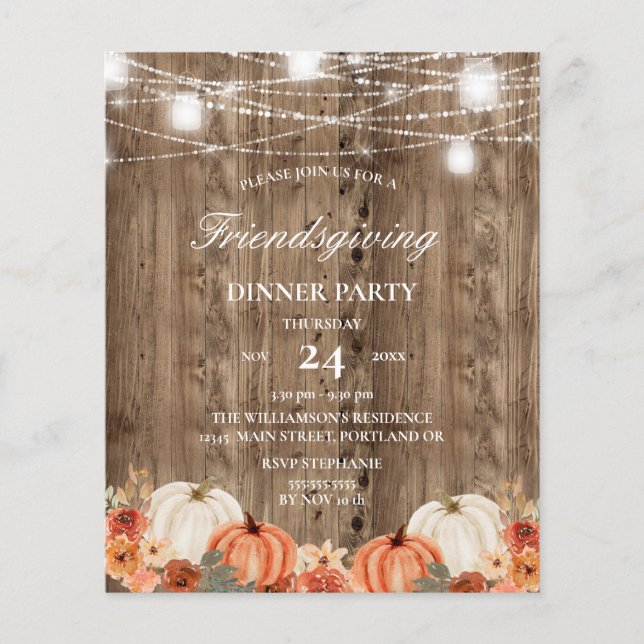 Papier Budget Bois Rustique Floral Friendsgiving Dîner (Devant)