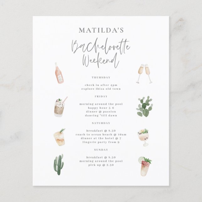 Papier budget boissons aquarelle week-end bachelorette (Devant)