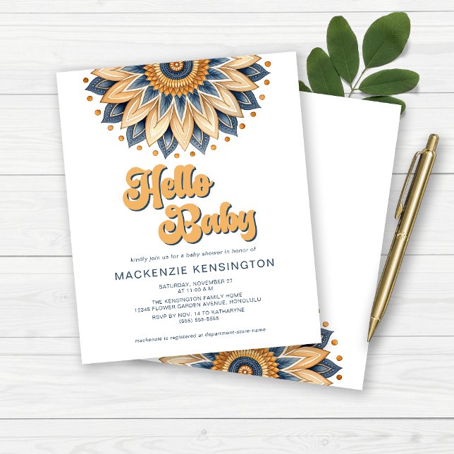 Papier BUDGET Bonjour Bébé Bleu Or Baby shower rétro (BUDGET Hello Baby Blue and Gold Retro Boho Baby Shower Invitation)