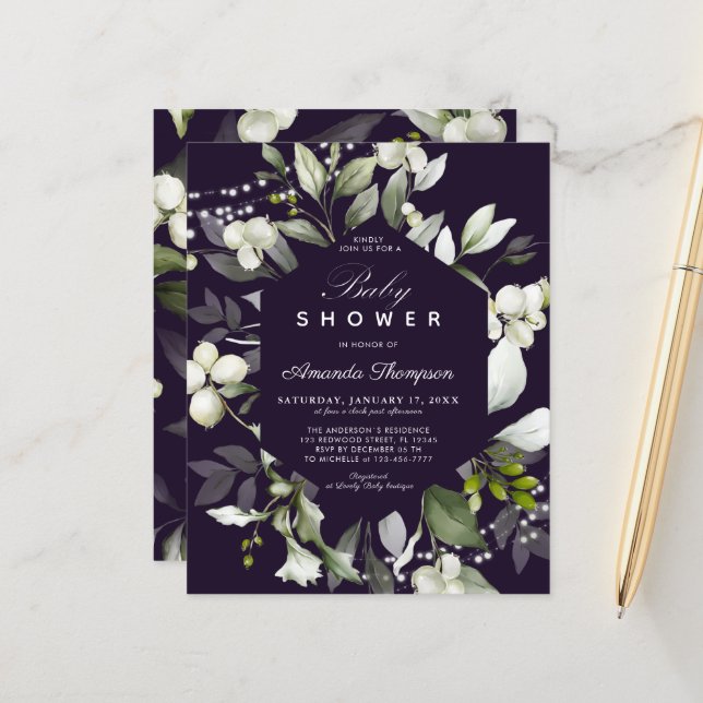 Papier Budget Botanique | Invitation Baby shower violet (Devant/Arrière en situation)