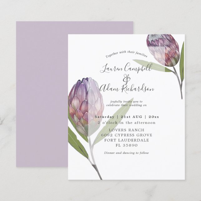 Papier Budget Botanique Protea Purple Faire-part de maria (Devant / Derrière)