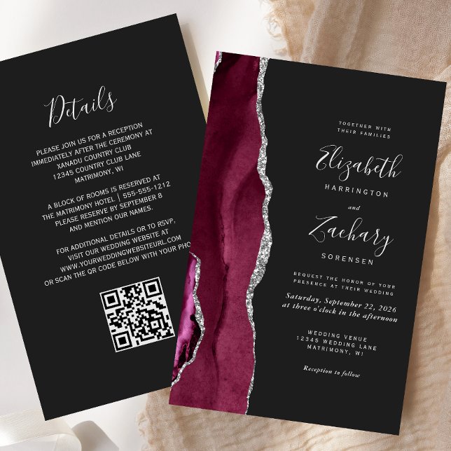 Papier Budget Bourgogne Argent Agate Dark QR Code Mariage (Créateur téléchargé)