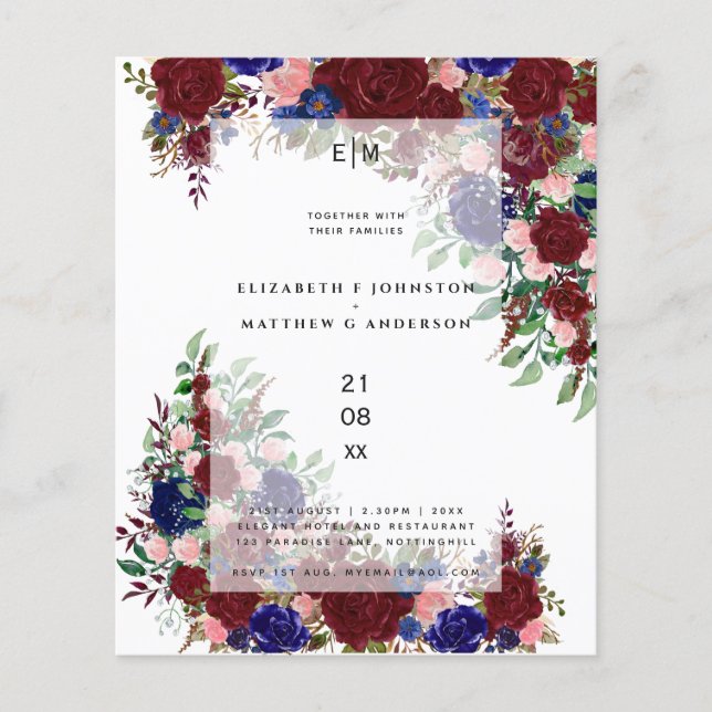 Papier Budget Bourgogne bleu rose rose mariage floral inv (Devant)