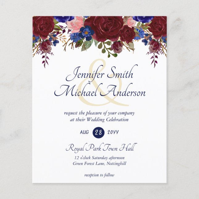 Papier Budget Bourgogne Blue Rose Mariage Invitations (Devant)