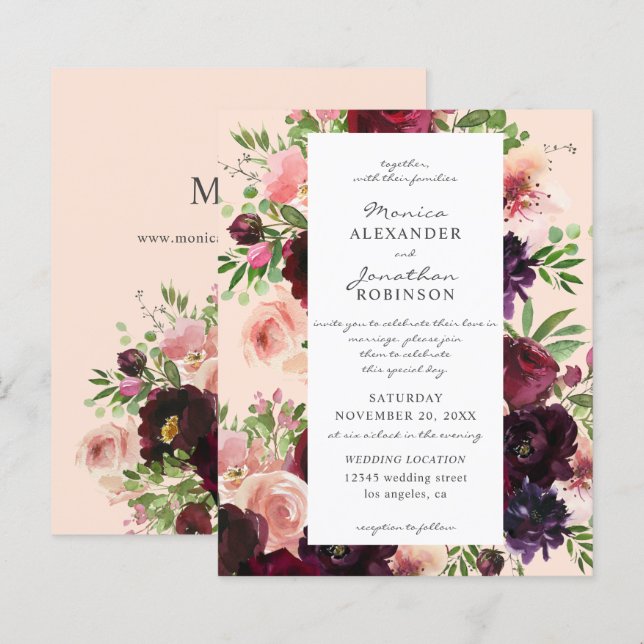 Papier Budget Bourgogne & Blush Floral Mariage sur rose (Devant / Derrière)