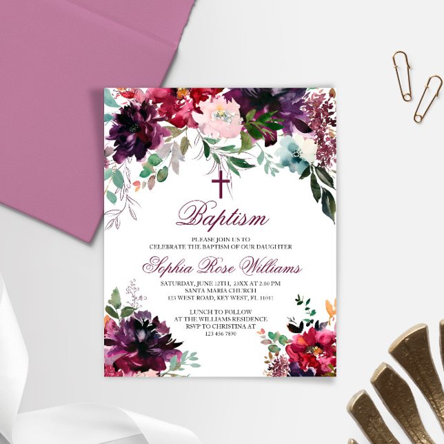 Papier BUDGET Bourgogne Blush Girl Baptême Invitation (Créateur téléchargé)