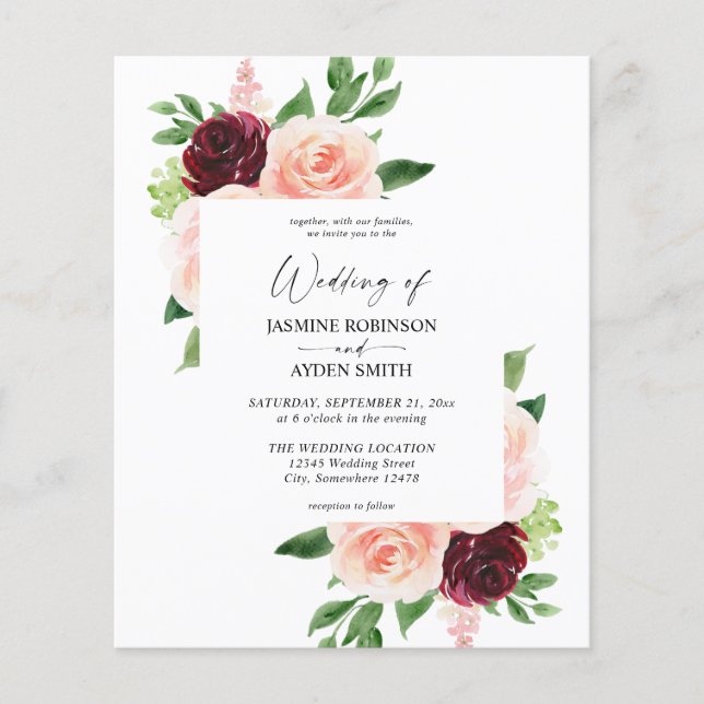 Papier Budget Bourgogne & Blush Pink 4 Floral Mariage (Devant)