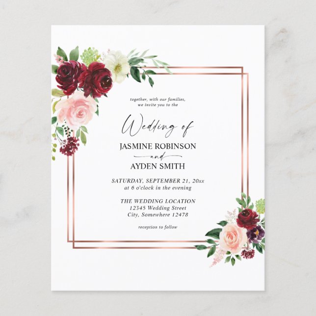 Papier Budget Bourgogne & Blush Pink 4 Floral Mariage or (Devant)