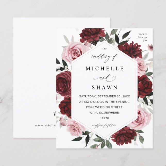 Papier Budget Bourgogne & Blush rose 6 Floral Mariage (Devant / Derrière)