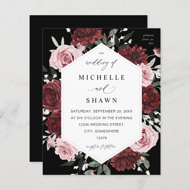 Papier Budget Bourgogne & Blush rose 6 Floral - Noir (Devant / Derrière)