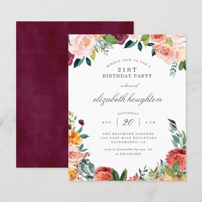 Papier Budget Bourgogne Blush rose Floral fête d'annivers (Devant / Derrière)