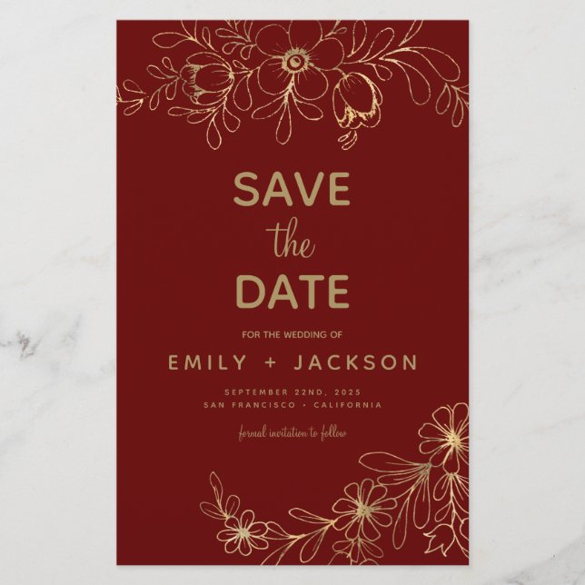 Papier Budget Bourgogne Enregistrer la date Floral Gold F (Devant)
