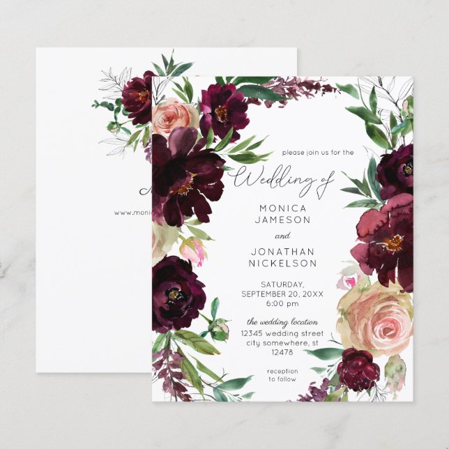 Papier Budget Bourgogne et Mariage floral rose pâle (Devant / Derrière)