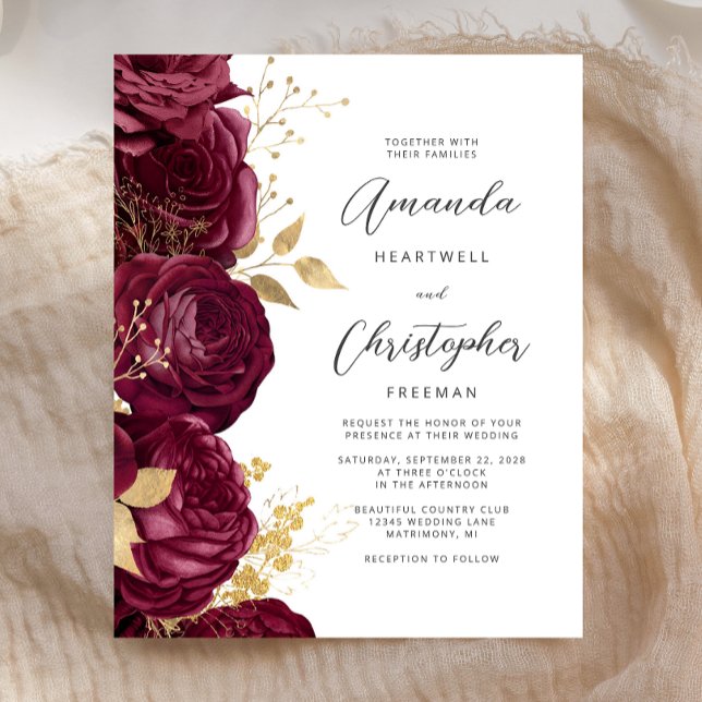 Papier Budget Bourgogne Floral Gold Script Wedding Invita (Créateur téléchargé)