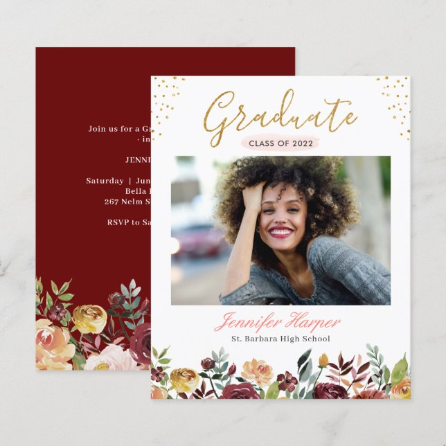 Papier Budget Bourgogne Floral Graduation Faire-part (Devant / Derrière)