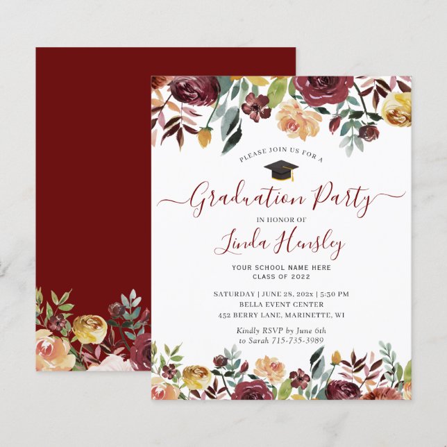 Papier Budget Bourgogne Floral Graduation Party Invitatio (Devant / Derrière)