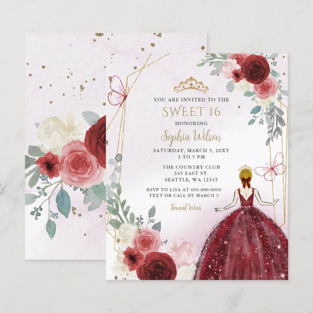 Papier Budget Bourgogne Floral Princess Sweet 16 Invitati (Devant / Derrière)