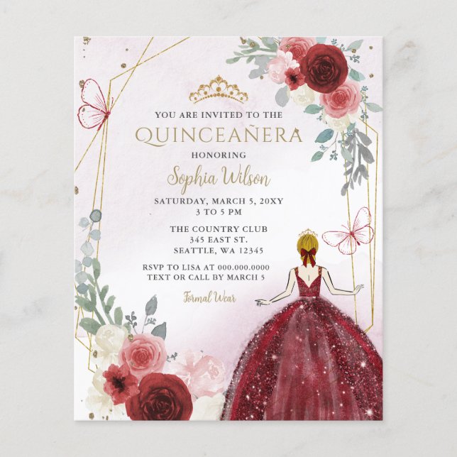Papier Budget Bourgogne Floral Princesse Quinceañera Invi (Devant)