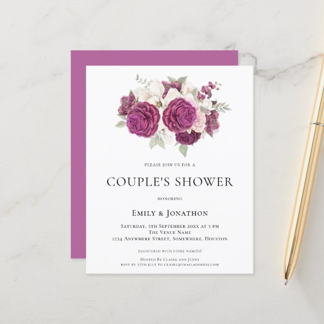 Papier Budget Bourgogne Florals Couples Douche Invitation (Devant/Arrière en situation)