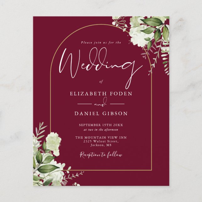 Papier Budget Bourgogne Foliage Gold Arch Wedding Invitat (Devant)